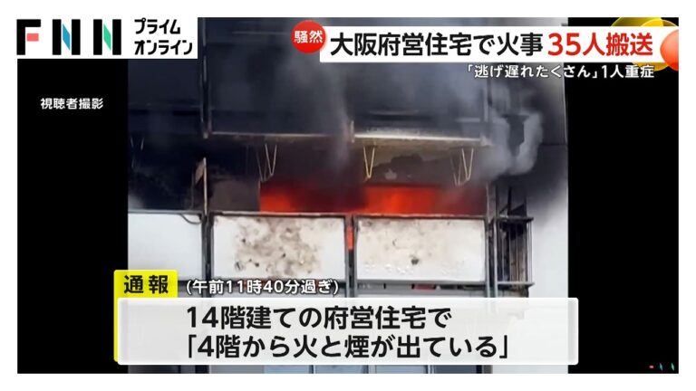 14階建ての府営住宅で火事　少なくとも35人病院搬送され1人重症　約4時間後に消し止められる　大阪・泉大津市