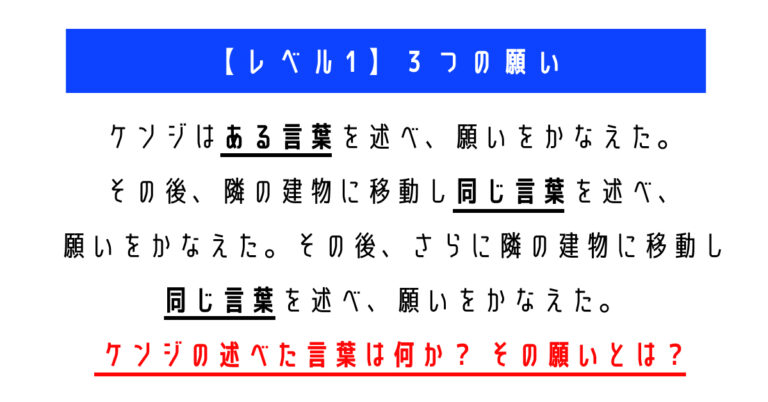 ケンジは3つの建物で“同じ言葉”を告げ、3回とも願いをかなえた。彼が述べた言葉は何か？　その願いは？　「ウミガメのスープ」クイズに挑戦！【レベル1】