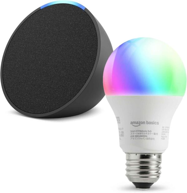 【セット買い】Echo Pop チャコール + Amazonベーシック スマートLED電球 (E26・60W形相当 800lm・調光・調色タイプ)