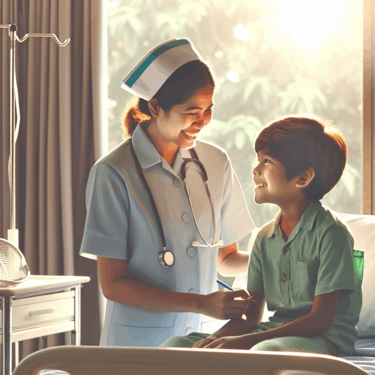 「病室の朝、看護師と少年の心温まる日常」